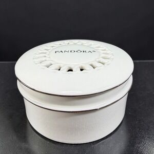 Pandora White Ceramic Round Jewelry Box Black Velvet Lining Lattice Lid 4 Inch